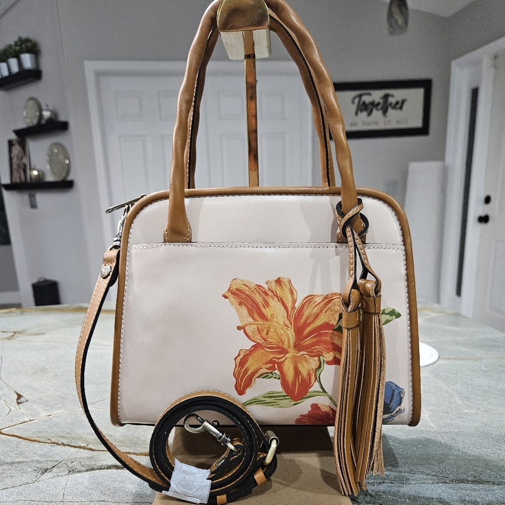 NWT Patricia Nash Paris Floral Satchel Chalk White Leather Crossbody Tassel Bag